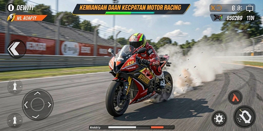 Gameplay DEWI11 dengan motor balap di trek yang menantang.