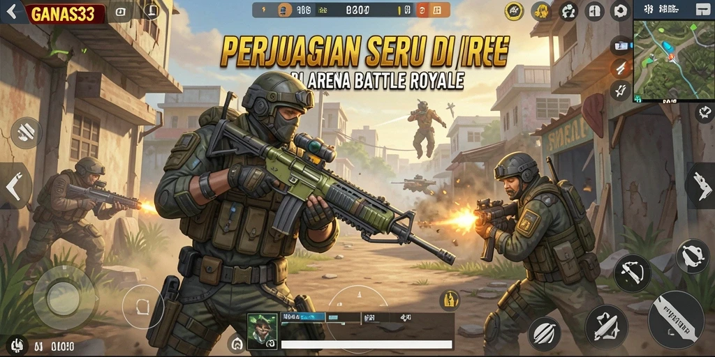 Tangkapan layar menunjukkan ketegangan pertempuran dalam <strong>GANAS33</strong> di arena Battle Royale.