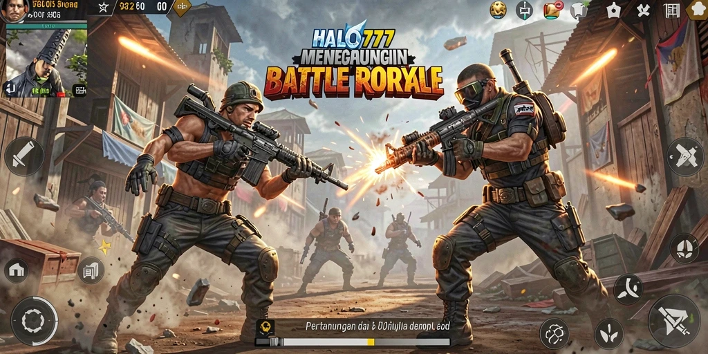 Tangkapan layar utama HALO777 menunjukkan aksi Battle Royale yang mengesankan.