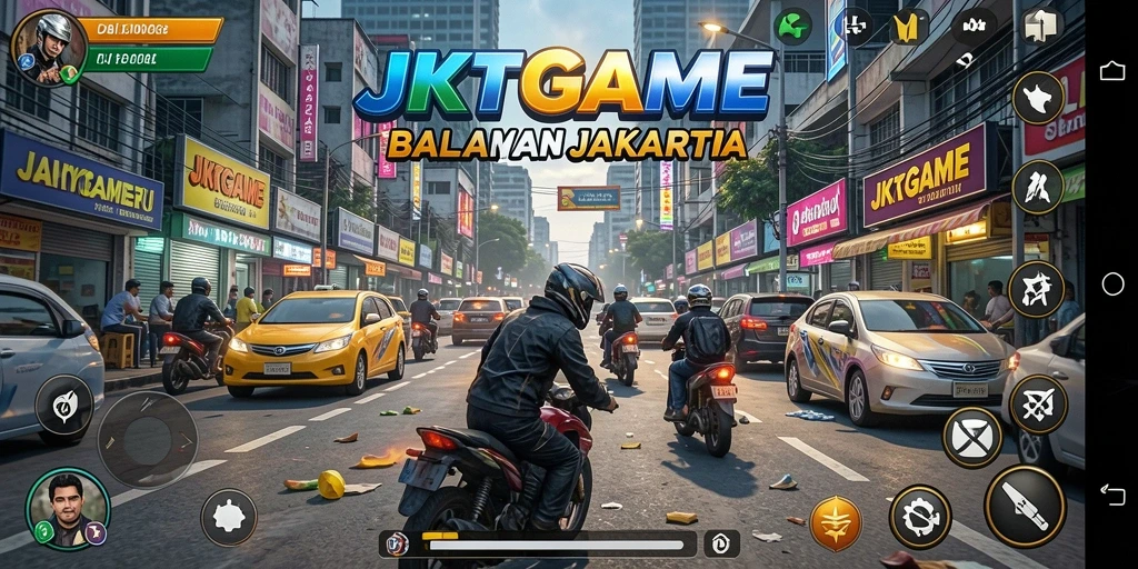 Screenshot gameplay JKTGAME dengan mobil balap beraksi di jalanan Jakarta.