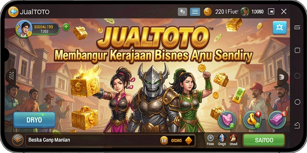 Screenshot gameplay JUALTOTO menampilkan keseruan membangun kerajaan bisnis.
