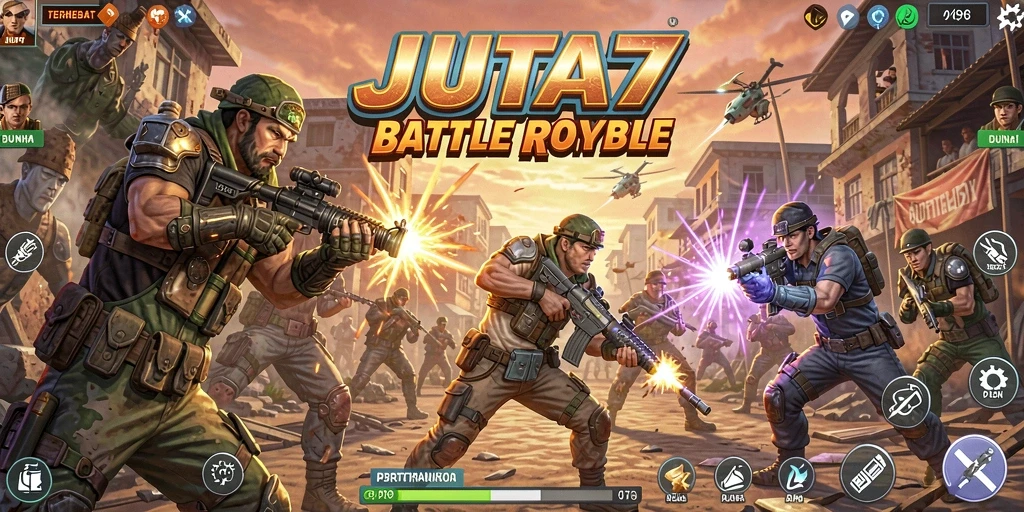 Tampilan menarik dari gameplay JUTA7 yang penuh aksi di pulau pertempuran.