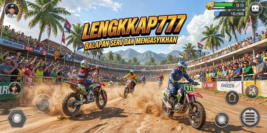 Tampilan aksi balapan seru dalam LENGKAP777 di trek menantang.