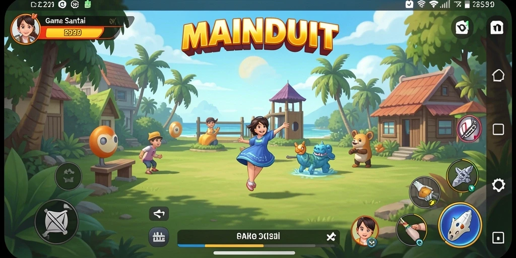 Tampilan gameplay MAINDUIT yang ceria dan penuh warna.