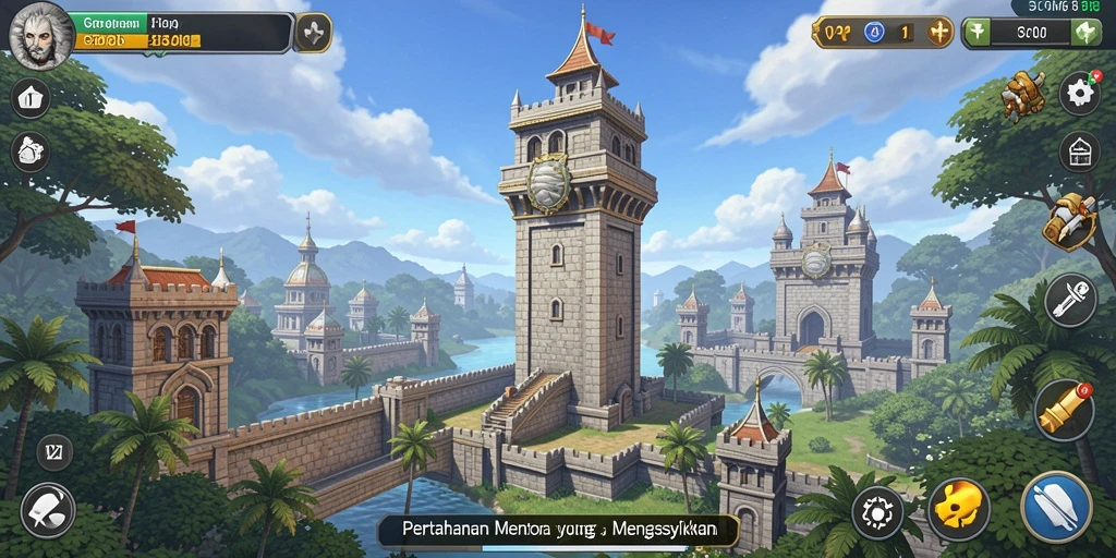 Screenshot V21 menampilkan gameplay menara pertahanan yang seru.