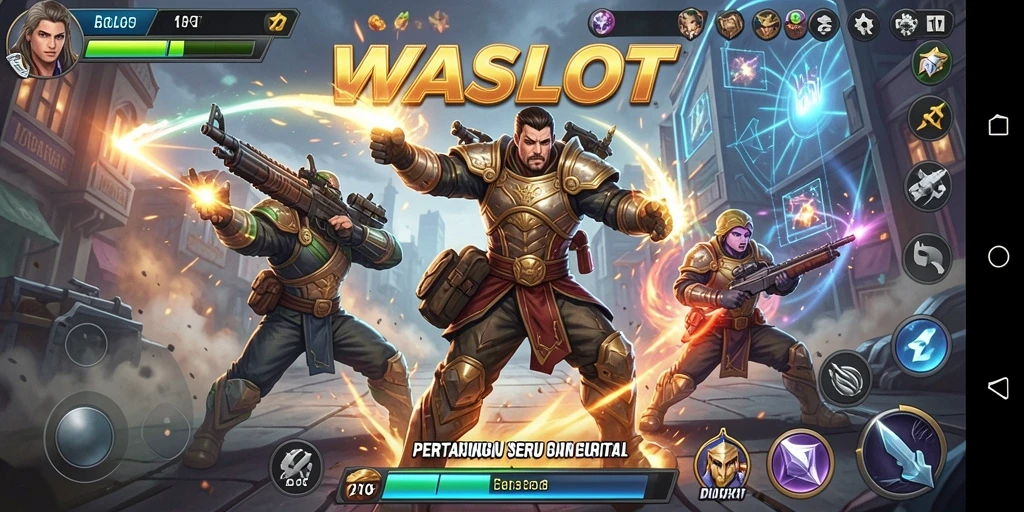 Screenshot gameplay WASLOT menampilkan pertarungan dinamis dan karakter beragam.